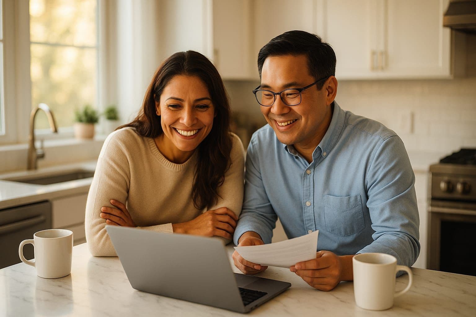 Happy couple reviewing mortgage options at home